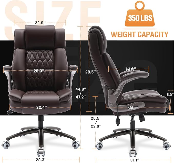 Large High Back Office Chair - Adjustable Lumbar Support Flip Up Arms Heavy Duty Quiet Wheels Metal Base Breathable Bonded Leather Ergonomic Executive Computer Desk Chair with Storage Bags, Brown