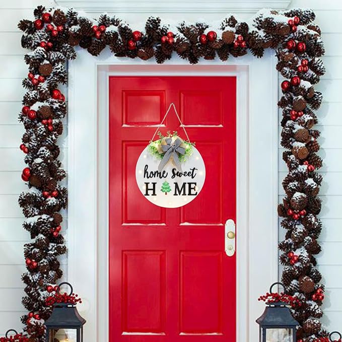 Interchangeable Welcome Sign for Front Door with 14 Changeable Icons, Farmhouse Front Porch Decor Rustic Wooden Wall Sign with 12 LED Lights, Outdoor Seasonal Welcome Home Decorations (White1)