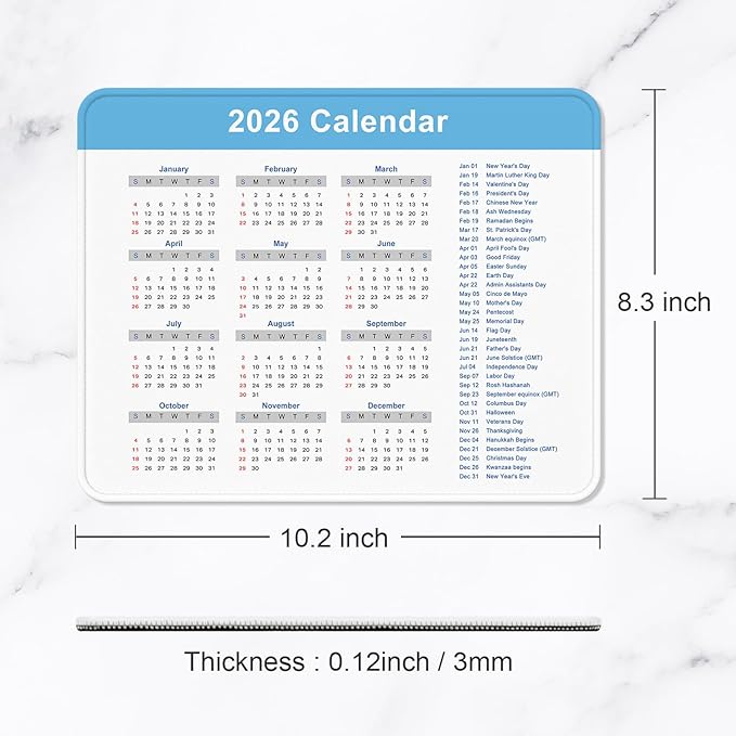 2026 Calendar Mouse Pad, Square New Year 2026 Mousepad 10.2 x 8.3 Inch, Stitched Edge Anti-Slip Waterproof Rubber Computer Mat for Office, Gaming, Laptop, New Year Office Supplies Gift, Blue