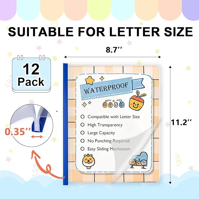 TOTiyea 12 Pack Clear Report Covers with Sliding Bars, 9mm (70 Sheet Capacity) Blue Sliding Bar File Folders, for Letter Size
