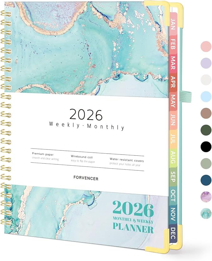 Forvencer 2026 Planner, Hardcover Calendar Planner Weekly and Monthly, January 2026 - December 2026, 6" x 8", Spiral Agenda Book with Tabs, Exquisite Daily Journal with Inner Pocket, Organizer Notebook for Office Home School, A5 Size, Teal Marble