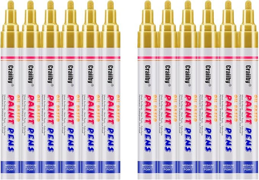 Paint Markers, 12 Pack Oil-Based Waterproof Quick Dry Permanent Paint Pen Set for Rocks Painting, Wood, Fabric, Plastic, Canvas, Glass, Mugs, Metal, Tire, Stone, DIY Craft (Gold)