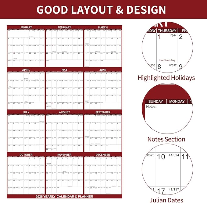 2026 Wall Calendar 24" x 36" Dry Erase Calendar for Wall from January 2026 to December 2026 12 Month Annual Large Yearly Wall Planner for Office School(Red)