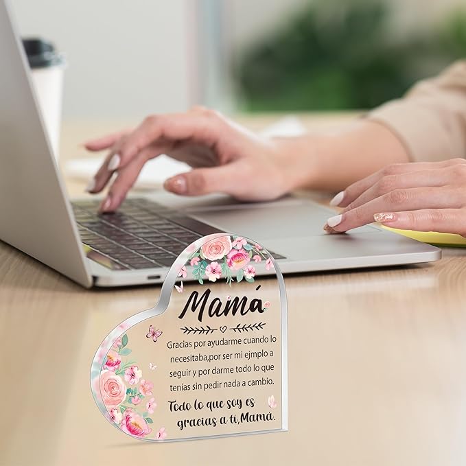 Yopyame Acrylic Gifts for Mom - Regalos para Mamá Acrylic Gifts Spanish Mom Acrylic Heart Keepsake Paperweight from Daughter Son Mother's Day Birthday Christmas Valentines Acrylic Sign Plaque for Mom