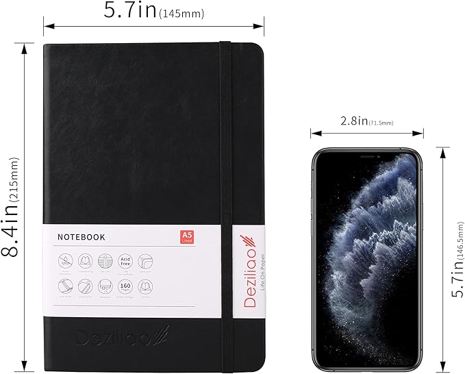 Deziliao Hardcover Notebook Journal 160 Pages, Lined Journal Notebooks for Work, 100Gsm Premium Thick Paper with Pocket, Medium 5.7"x8.4" （Black, Ruled）