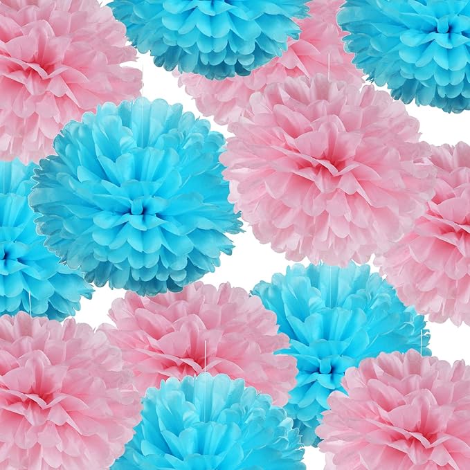 14" Pink and Blue Tissue Pom Poms Kit DIY Decorative Paper Flowers for Baby Shower Boy or Girl Gender Reveal Party Wedding Backdrop Birthday Party Nursery Hanging Decorations, Pack of 10