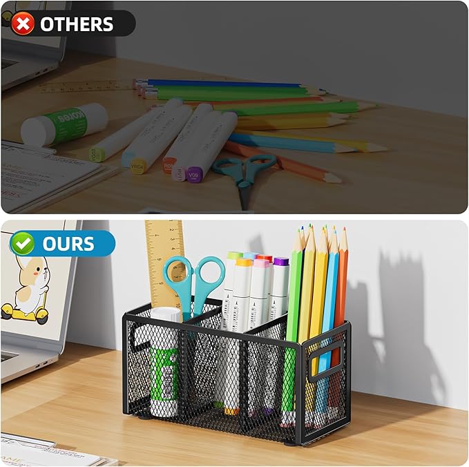 Marbrasse 2P Mesh Pen Holder for Desk,Pencil Holder Desk Organizer 3 Adjustable Compartments,Pencil Cup with Handle Perfect for Classroom, Office, Home,Makeup,Art (Black)
