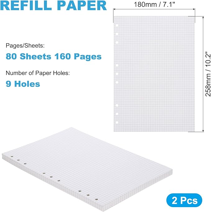 PATIKIL Grid Refill Paper 9-Ring Binder Loose Leaf Planner Filler Paper Planner Inserts, 160 Sheets/320 Pages, Lined
