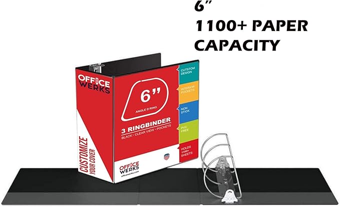 6 Inch 3 Ring Binder with Locking Angle D Rings, Professional Heavy Duty Large Storage Binder with Pockets, Fits 8.5 x 11 Inch Sheets, Non-Stick Clear View Cover, Customizable, Black