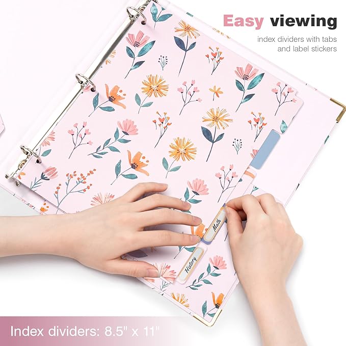 Ospelelf 3 Ring Binder 1 Inch Round Rings, Clipboard Binders for Letter Size Paper with 5 Tab Dividers, for School and Office Supplies, Pink Floral