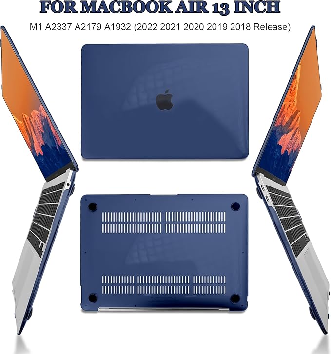 Compatible with 2021 2020 2019 2018 Release MacBook Air 13 inch Case M1 Chip A1932 A2179 A2337, Slim Crystal Plastic Hard Shell Case Keyboard Skin Screen Film Dust Plug Webcam Cover, Navy Blue