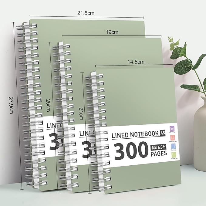 AHGXG Spiral Notebook College Ruled - Large Spiral Journal A4 Notebook 8.5" x 11", 300 Pages Writing Journal for Work, 100GSM Thick Paper, Plastic Hardcover, for Women Men Office School, Sage Green