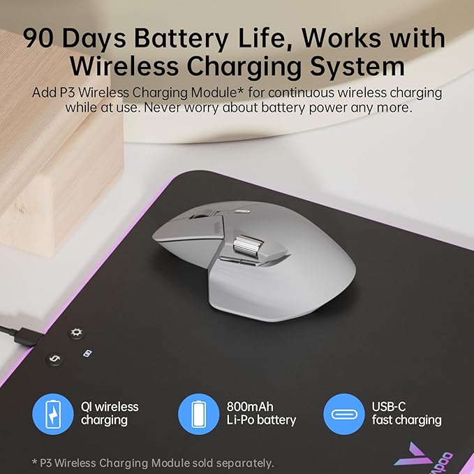 Rapoo MT760Mini Bluetooth Wireless Mouse - Bluetooth 5.0 and 2.4GHz Multi-Mode Connection, Support 4 Devices, M+ Cross Computer Technology, 11 Programmable Buttons,Light Grey