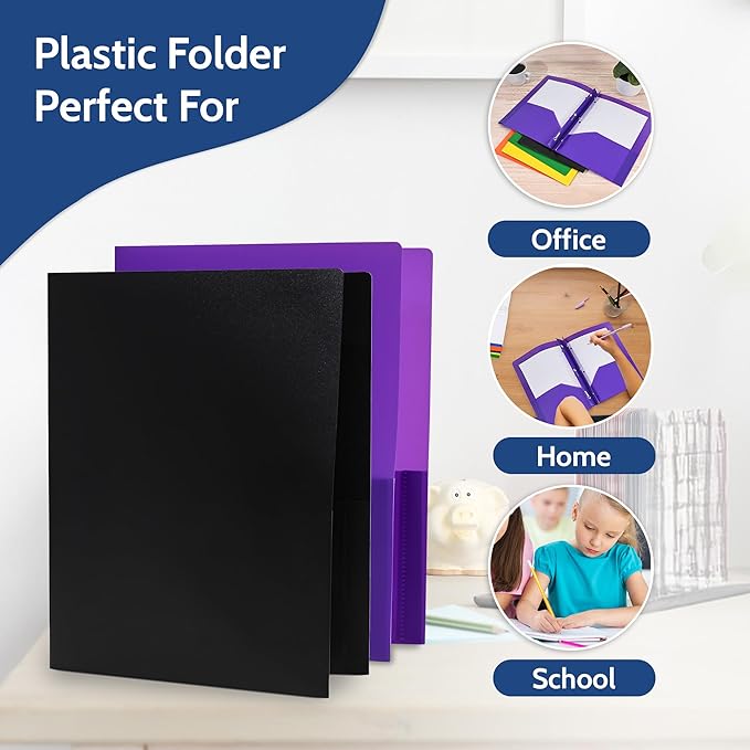 24 Pack Blue Plastic Folders with Pockets Heavy Duty. 2 Pocket Folder no Prongs Bulk. Tear-Resistant Letter Size 8.5x11. Presentation Ready School and Office Supplies