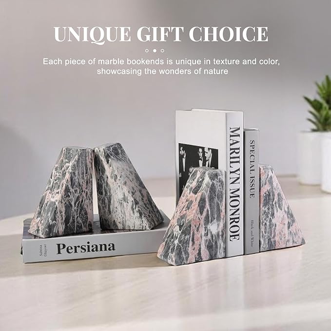 Koville Marble Bookends for Shelves, Large Bookends for Heavy Books, Natural Stone Book Stopper for Books CD Movies, Aesthetic Decorative Book Ends (Grey&Pink)