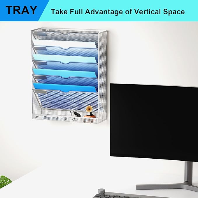 Hanging Wall File Organizer 6 Tier Wall Mounted File Holder Document Wall Organizer Magazine Organization for Office Home, Silver