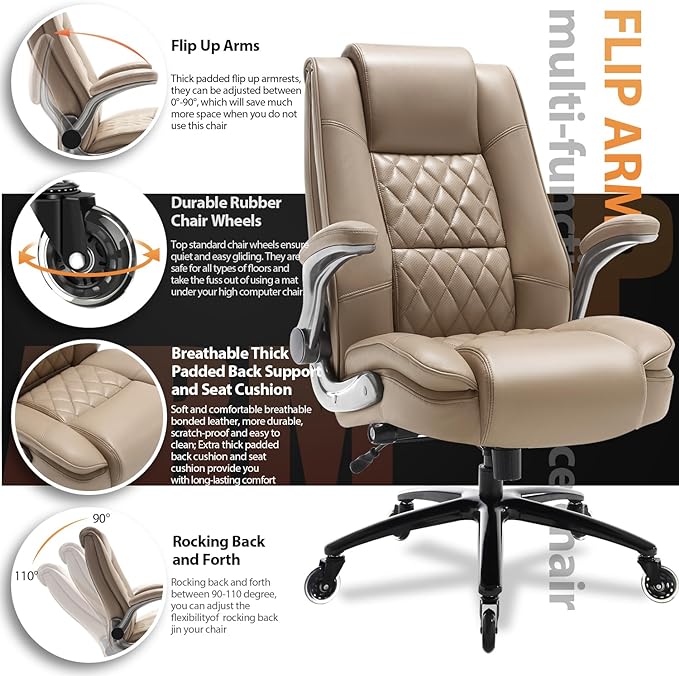 EZAKI High Back Office Chair-Flip-up Arms Executive Computer Desk Chair, Built-in Lumbar Support Thick Padded Adjustable Rock Tension Ergonomic Design for Back Pain
