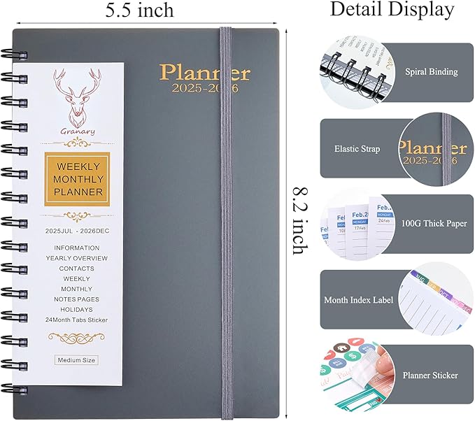 Daily Planner 2025-2026, Weekly and Monthly Planner 2025-2026 Academic Year, July 2025-December 2026 Calender Planner, 8.2"×5.5", 18 Months (JUL.2025-DEC.2026 Gray)