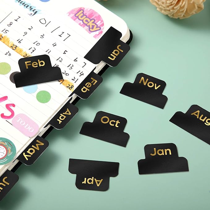 72 Pieces Adhesive Monthly Planner Tabs Monthly Index Stickers Decorative Label Calendar Stickers for Office Study Planner Journal Notebook Back to School Accessories(Black)