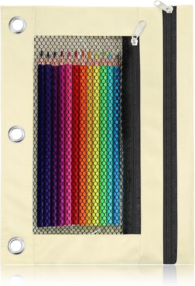 Pencil Pouch for 3 Ring Binder - 3 Hole Zipper Pen Case Bag Holder Bulk Accessories Clear Window Aesthetic Organizer Pockets (Beige, 1)