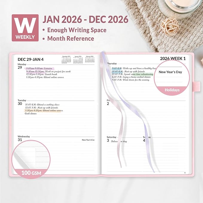 SUNEE 2026 Weekly & Monthly Hardcover Planner 5.5" x 8.3" - 12 Month (January 2026 - December 2026), Small Hardcover Planner, Pocket, Notes, 100 GSM Paper, Pink