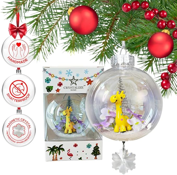 Baby Giraffe Christmas Ornament - Handmade Shatterproof Decorations for Indoor Outdoor Xmas Tree - Clear Ball Ornaments with Magnetic Crystal - Great Gift or Stocking Stuffer for Mom, Sister, Friend