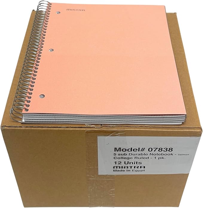 Mintra Office Durable Spiral Notebooks, 5 Subject (Salmon, College Ruled 12pk)