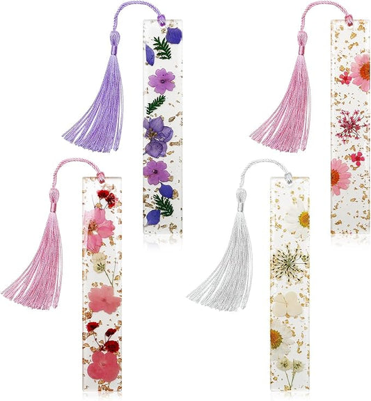 Dried Flower Bookmarks with Tassels, Kaluofan 4PCS Bookmarks for Women, Durable Handmade Dried Flower Resin Bookmarks, Pretty and Increase Reading Interest, (FB04)