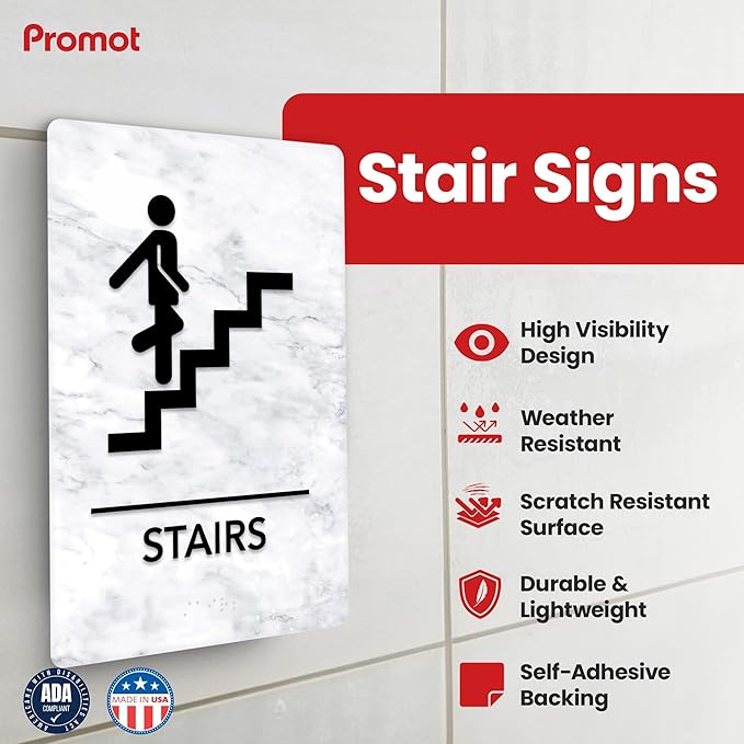 Promot Stair Sign – ADA Braille Stairway Sign for Business, Self-Adhesive, 9" x 6", Commercial Door Signage, Office Wall Decor - Marble White