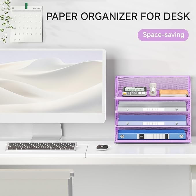 Lavatino 4-Tier Paper Organizer Trays - Purple Mesh File Folder Sorter with Handles, Desk Letter Holder Organizer for Office, Home, School Supplies Storage & Organization