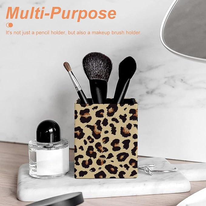 Square Pen Holder & Pencil Organizer for Desk - Office Storage Organizer, Markers/Makeup Brushes/Scissors Holder, Compact Desk Decor Accessories for Home Classroom School(Leopard grain)