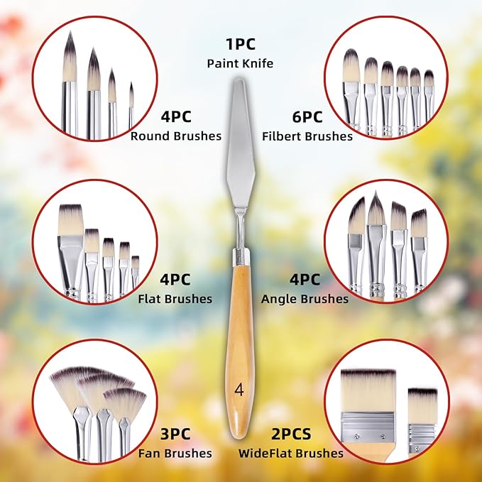 Wesquer Paint Brushes Set for Acrylic, Oil, Watercolor & Face Painting - 25 Piece Artist Brush Kit with Palette Knife, for Artists, Beginners & Adults