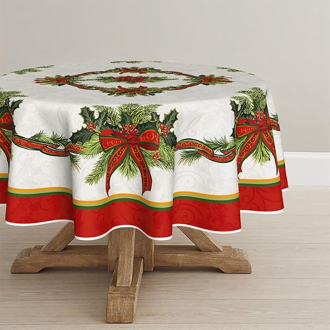 Horaldaily Christmas Tablecloth 60×60 Inch Round, Poinsettia Golden Ribbon Washable Table Cover for Party Picnic Dinner Decor