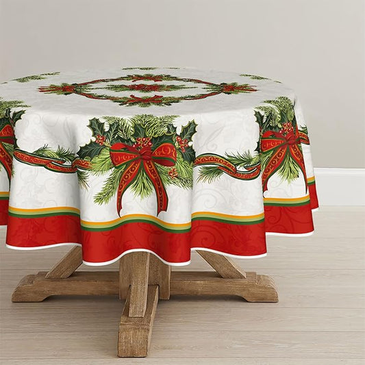 Horaldaily Christmas Tablecloth 60×60 Inch Round, Poinsettia Golden Ribbon Washable Table Cover for Party Picnic Dinner Decor