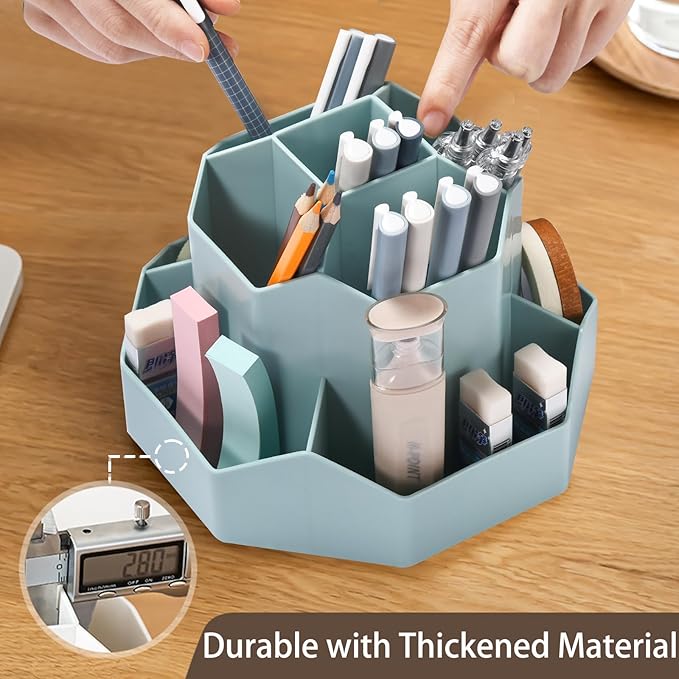 Pencil Pen Holder for Desk, 9 Slots 360 Degree Rotating Desk Organizer, Cute Pen Organizers Stationery Supplies for Office Home & Art Supply (Blue)