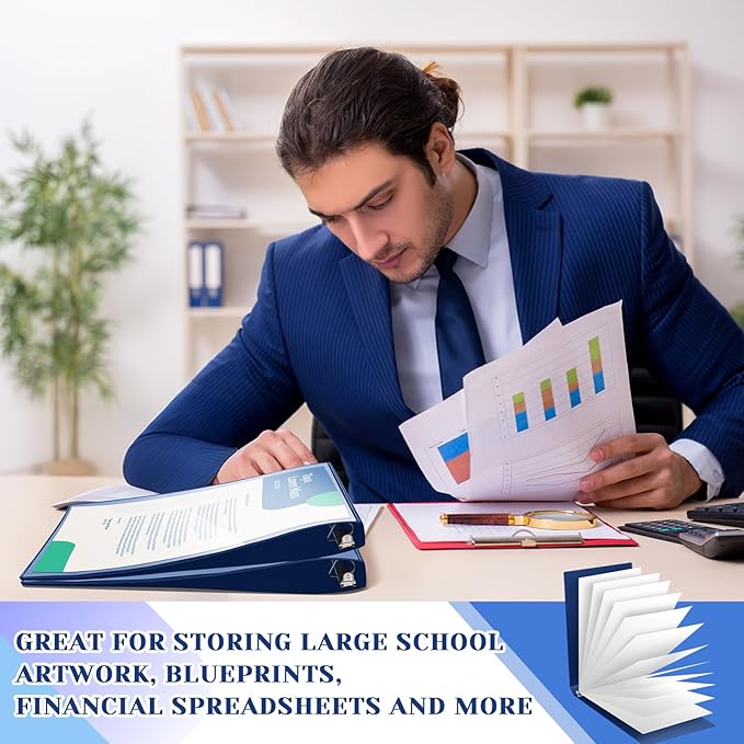 4 Pcs 11 x 17 Inch View Binders with Cover Pocket 1 Inch 3 Rings Heavy Duty View D Ring Binders Economy Holds 11" x 17" Paper for Artwork Blueprints, Office, Home, Work Places (Blue)