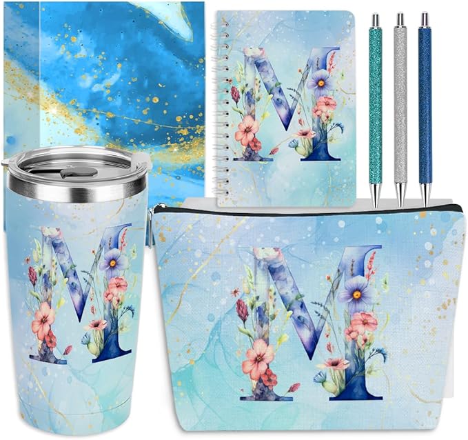 Personalized Gifts Monogrammed Birthday Gifts for Women, Her, Teacher Mother in Law Wedding Christmas Initial 20 oz Tumbler, Makeup Bag Cup Pens Journal Notebook 6 Set, (Aesthetic Blue Flower M)