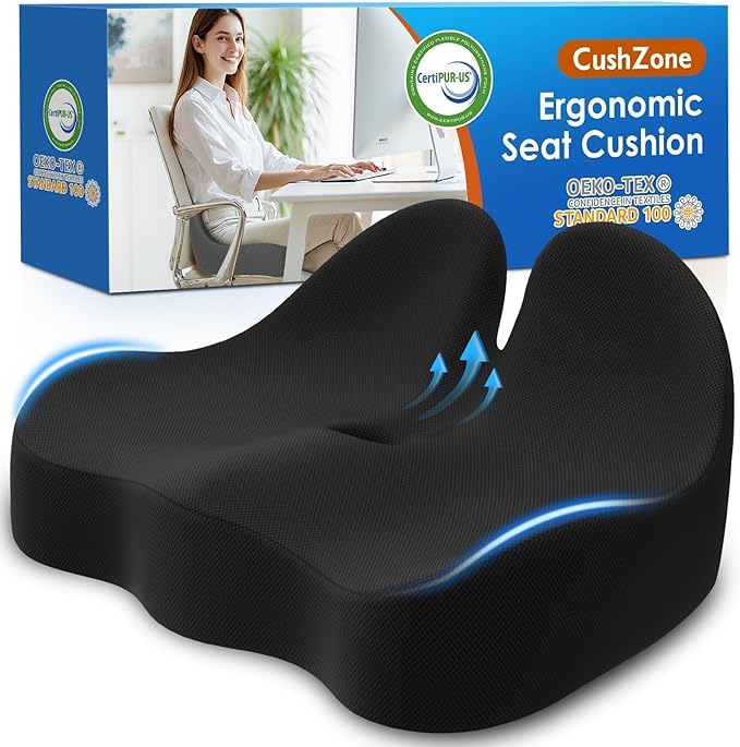 Seat Cushion, Memory Foam Office Chair Cushions, Ergonomic Curved Design for Sciatica, Tailbone, Coccyx, Seat Support for Car, Desk Chair, Wheelchair, Enhances Long Sitting Comfort (Black)