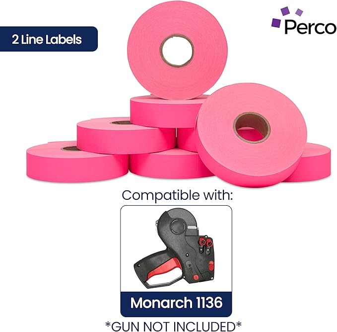 Perco Fluorescent Pink Pricing Labels for Monarch 1136 Price Gun - 8 Rolls, 14,000 Pricemarking Labels - with Bonus Ink Roll Included