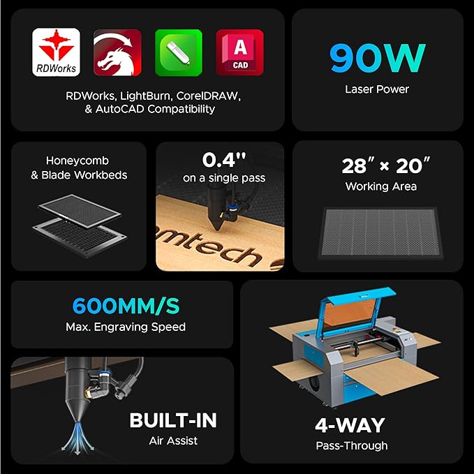 OMTech 90W CO2 Laser Engraver with Water Chiller & LightBurn, 28"x20" Cutting & Engraving Machine with Air Assist, 4-Way Pass, Caster Wheels, RDWorks, for Wood, Glass, Acrylic & More