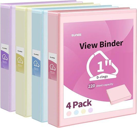 SUNEE 3 Ring Binder 1 Inch D Ring, Clear View Binder Three Ring PVC-Free (Fit 8.5x11 Inches) for School or Office Supplies, Assorted Pastel, 4 Pack