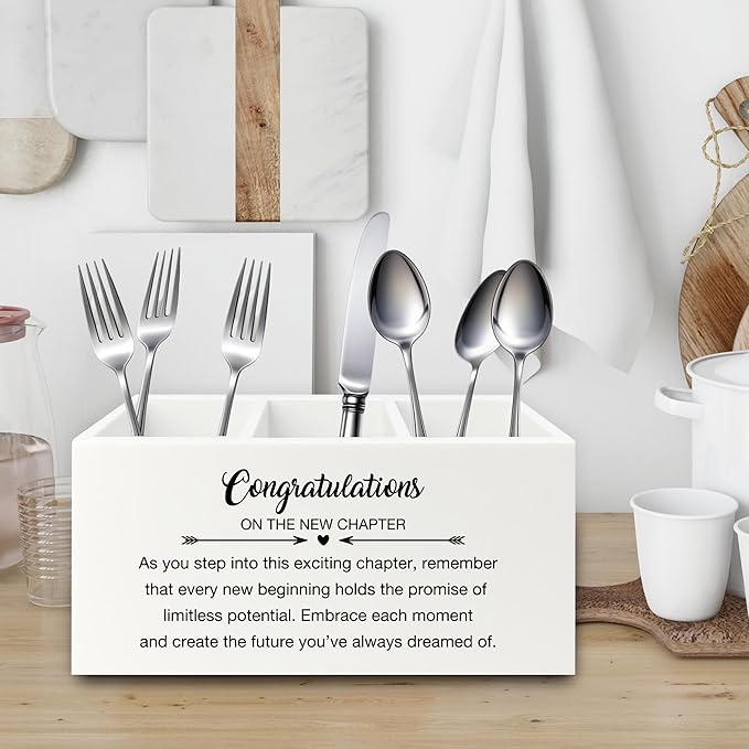 Congratulations Gift Pen Pencil Holder Organizer for Desk, Graduation Gifts, New Job Gifts, Congratulations on the New Chapter Wooden Box Sign for Home Office Desk Tabletop Decorations