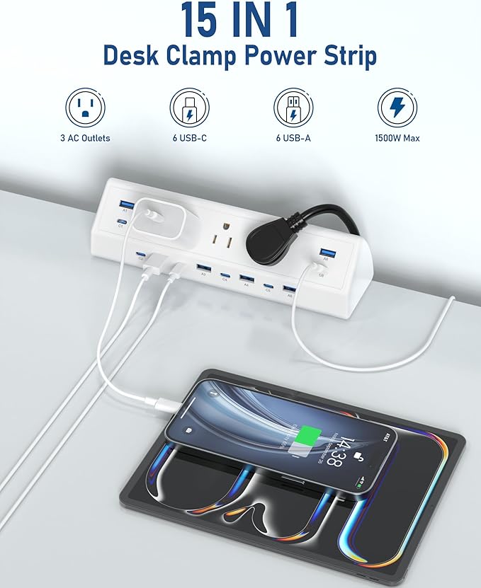Jgstkcity 130W Desk Clamp Power Strip, 12 USB Ports (6 PD 65W USB-C),Surge Protector,ETL Listed Power Hub Extension Cord,Fast Charging Station for Home Office Desk Edge Mount (White, 12 USB-130W)
