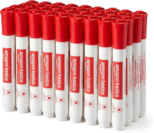 Amazon Basics Low-Odor Dry Erase Whiteboard Markers, Fine Tip, Red, 36 Count