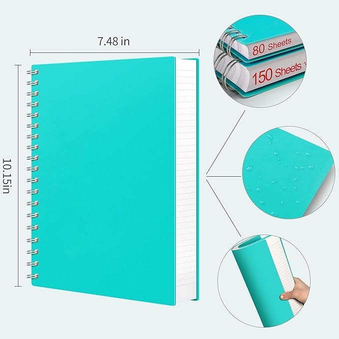 AHGXG Spiral Notebook College Ruled - Large Spiral Journal Notebook B5 7.48" × 10.15", 300 Pages, 100GSM Thick Paper, Plastic Hardcover, for Work Office School Writing Notes,Lake Blue