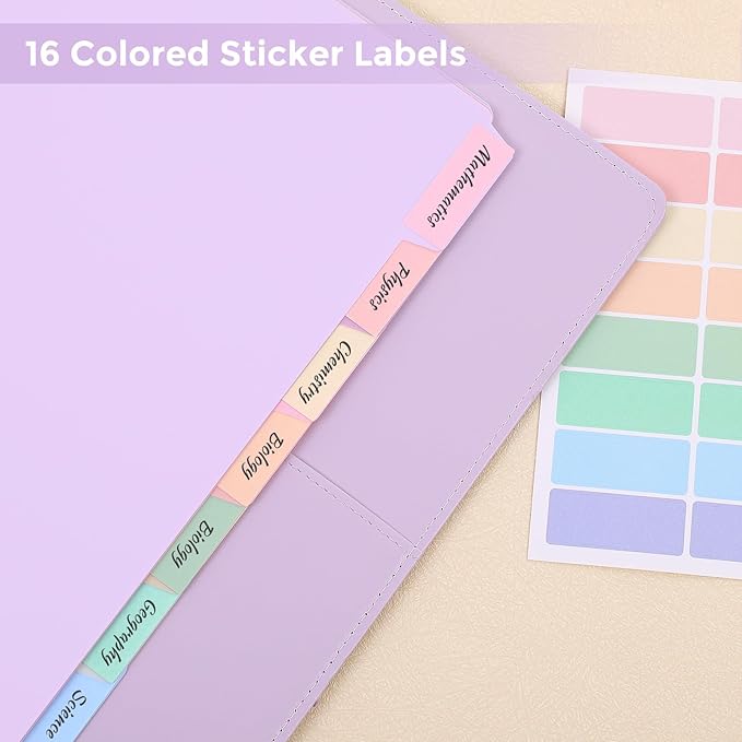 SKYDUE Durable Plastic 8-Tab Dividers, Big Tab Dividers for 3 Ring Binder, Write & Erase 3 Ring Binder Dividers with Tabs, with Sticker Labels, 1 Set, Pastel Color (Purple)