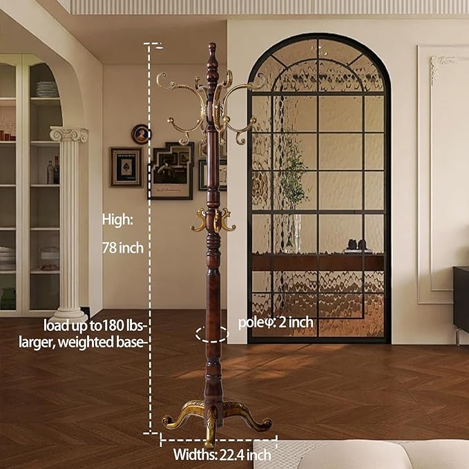 Wooden Coat Racks, Retro 78" Coat Tree with 12 Hooks & Stable Triangular Base, Entryway Coat Rack Freestanding for Hat, Clothes, Scarves, Handbags, Umbrella (Vintage)