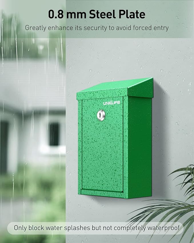 Uniclife Green Key Drop Box for Outside, Metal Safe Suggestion Box with Key Lock, Collection Boxes Donation Chest, Wall Mounted Mailbox with Top Slot, Steel Cash Drop Chest for Home Office Business