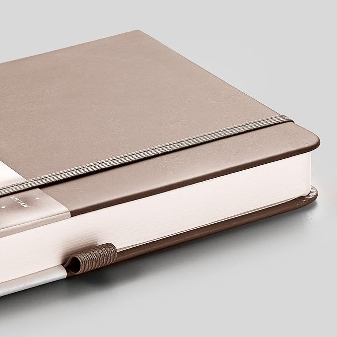 EMSHOI Dotted Notebook - 256 Pages A5 Dot Grid Journal Bullet Notebook with 120gsm Thick Dotted Paper,16 Perforated Pages, Hardcover Leather, Pen Holder, Inner Pocket, 5.75'' × 8.38''-Khaki