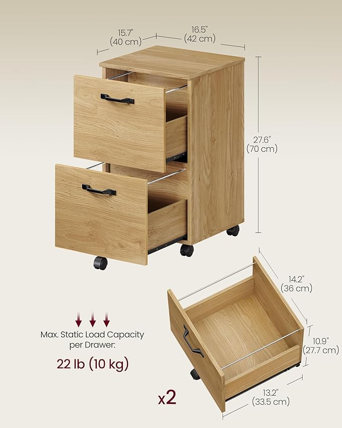 VASAGLE 2-Drawer File Cabinet, Small Rolling Filing Cabinet for Home Office, Printer Stand, for A4, Letter-Size Documents, 15.7 x 16.5 x 27.6 Inches, Straw Yellow UOFC040Y70